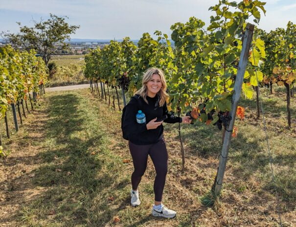 a lady standing next to a vine row and eating a grape on a vienna wine tour